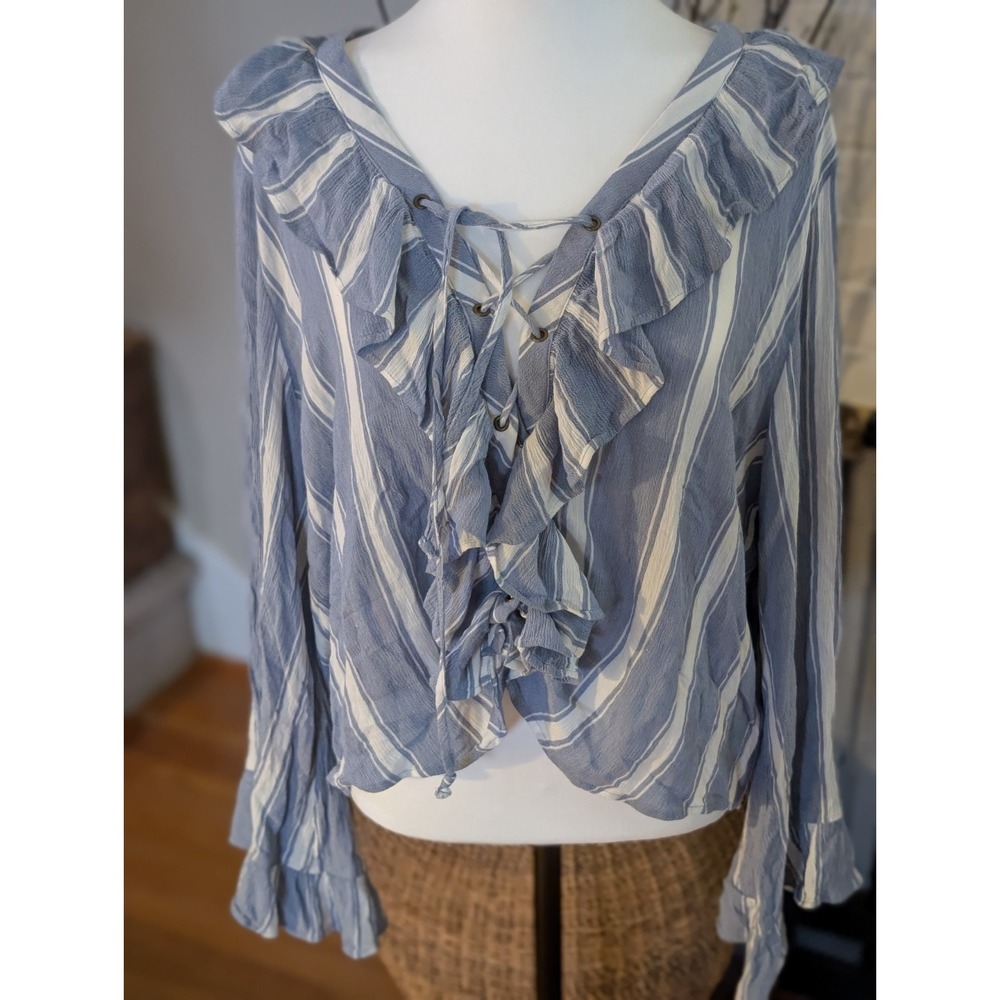 Peasant Festival Cottagecore Ruffle Lace Up Blouse XXL Blue Stripe AE